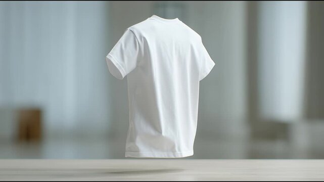 Blank White T-Shirt Rotating on a Simple Background, Ideal for Product Mockups