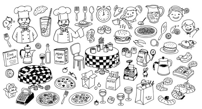 Hand-Drawn Black  White Collection of Culinary, Restaurant  Kitchen Themed Items