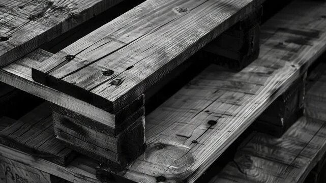 A stack of wooden pallets with a black and white . The pallets are made of wood and are stacked on top of each other