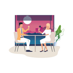 Romantic Toast: A couple enjoys a romantic evening, clinking champagne glasses, in a modern, artistically styled illustration, the silhouettes of buildings at sunset provide a scenic background.