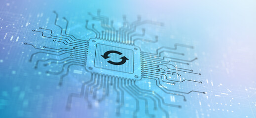 Software and Hardware Update Illustrated on a Processor, Business and Technology Concept.