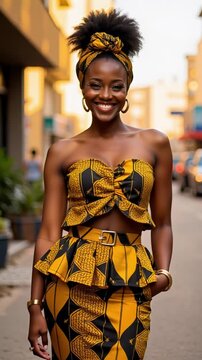A vibrant vertical 4k footage showcases a joyful Nigerian woman in a bold Ankara dress and golden headwrap, embodying pride, style, and strength.