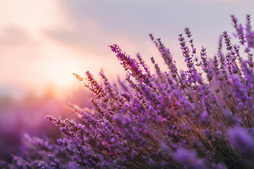 Naklejka premium Lavender Field at Sunset: Delicate lavender flowers bathed in the soft glow of a setting sun, evoking tranquility and the beauty of nature.