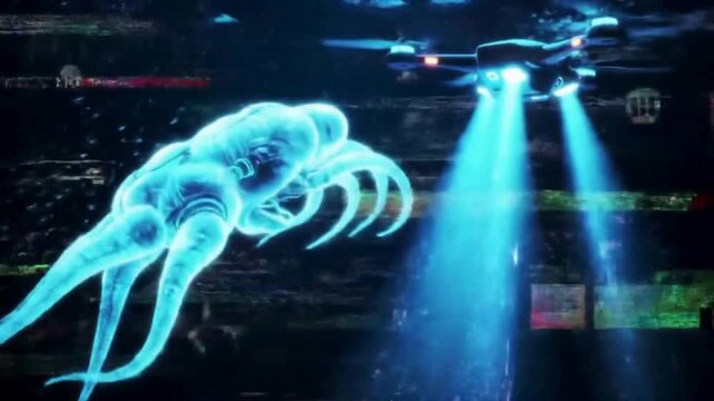 A drone illuminates a translucent, otherworldly creature with bright blue light.