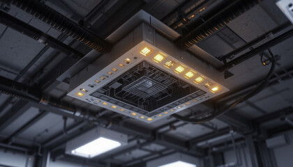 Futuristic ceiling panel with glowing lights and intricate wiring creates high tech atmosphere. industrial design features exposed pipes and metallic finish, enhancing modern aesthetic