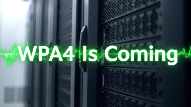 A server room with the text "WPA4 Is Coming" overlaid in green. - Powered by Adobe