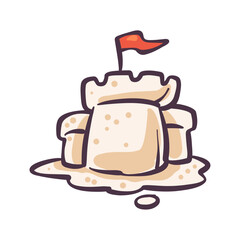 Sandcastle Creation: A charming cartoon of a sandcastle proudly displays a tiny red flag, embodying playful innocence. The intricate structure evokes delightful visions of summer beach days.