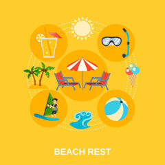 Beach Rest Icon Set: A vibrant illustration showcasing a collection of beach vacation icons arranged in a circular design, featuring beach chairs, umbrella, cocktails, diving mask, ice cream.