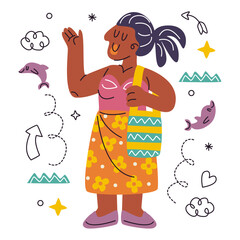 Joyful Traveler's Journey: A joyful traveler, adorned in vibrant attire and carrying a cheerful bag, waves hello against a backdrop of whimsical illustrations, evoking feelings of wanderlust, freedom.