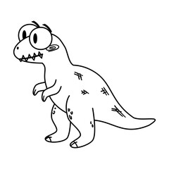 A cartoon dinosaur with a round body, short arms, and large eyes. It has a playful expression and is drawn in a simple black and white style.