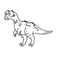 A cartoon dinosaur with a round head, large eyes, and a small body. It has short arms and a long tail, depicted in a simple black and white style.
