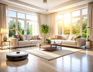Fototapeta premium A spacious and luxurious living room bathed in natural sunlight, featuring modern plush furniture and a robotic vacuum cleaner at work. A perfect blend of elegance and smart technology.