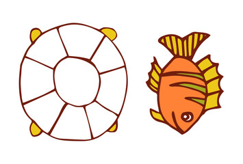 Lifebuoy and Fish Illustration: A simple yet charming illustration featuring a lifebuoy and a vibrant orange fish, perfect for summer-themed designs or children's books.
