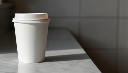 White disposable coffee cup with snug-fitting lid placed on an indoor marble countertop, offering a clean and modern scene suitable for café or takeaway product visuals.