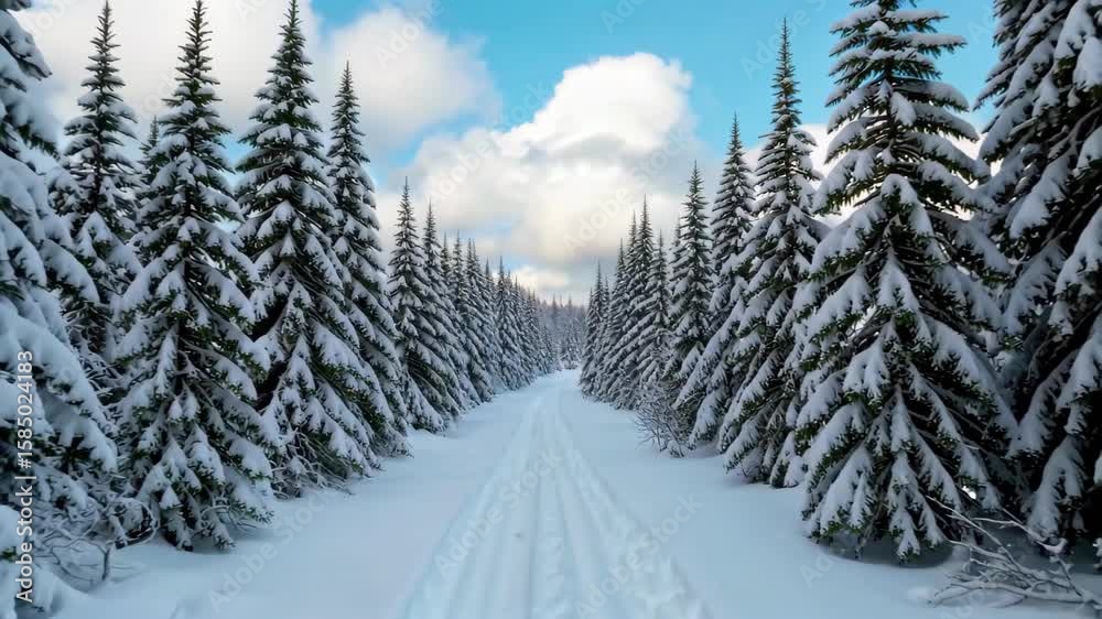 Wall mural arafed view of a snowy path through a forest with pine trees