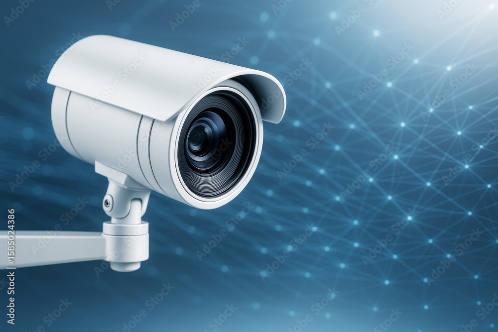 Poster surveillance security camera with futuristic digital light network background representing smart mon