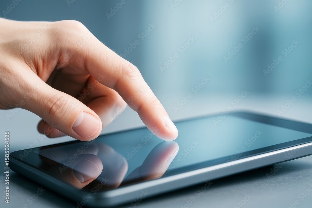 Poster close-up of hand interacting with tablet screen on blurred tech background showing modern digital to