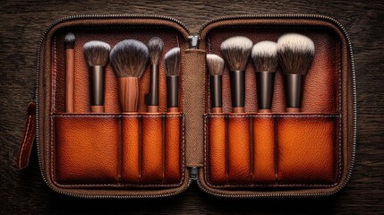 High-end makeup brush set laid out symmetrically on a premium leather case