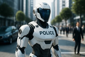Futuristic police robot standing on a busy city street with modern buildings and people in background under daylight, symbolizing advanced law enforcement tech.