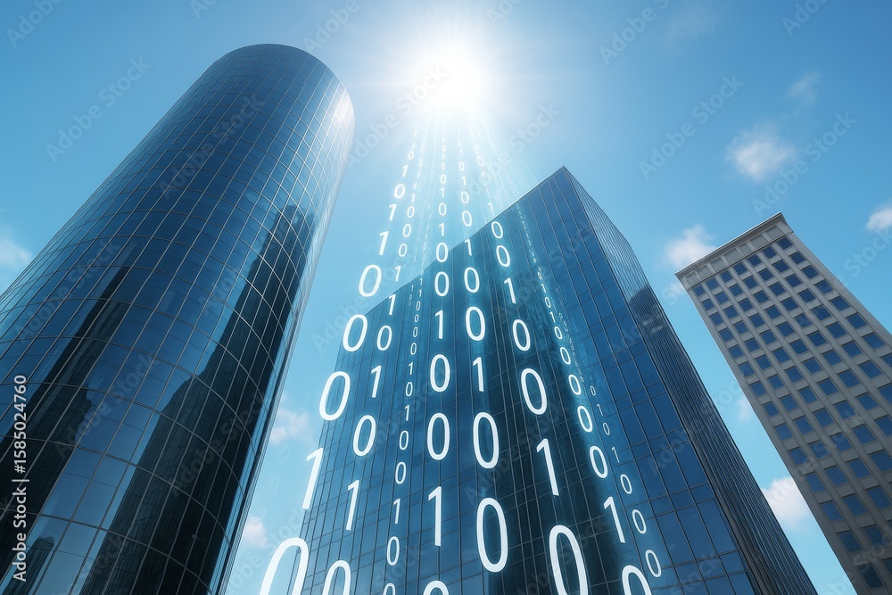 Poster futuristic skyscrapers with binary code and sunlight, symbolizing digital transformation and innovat