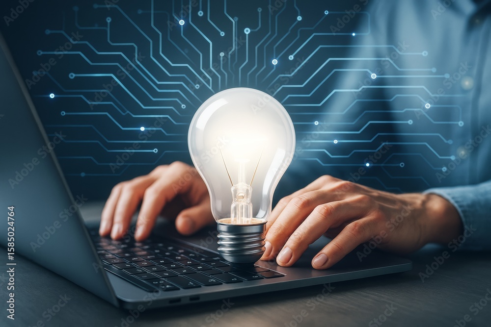 Poster bright lightbulb on keyboard symbolizing tech innovation, with digital circuit background and hands 