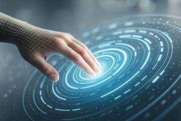 Human hand interacting with glowing digital interface composed of futuristic blue circular patterns in a high-tech environment on dark background.