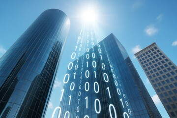 Futuristic skyscrapers with binary code and sunlight, symbolizing digital transformation and innovation in urban architecture and technology.