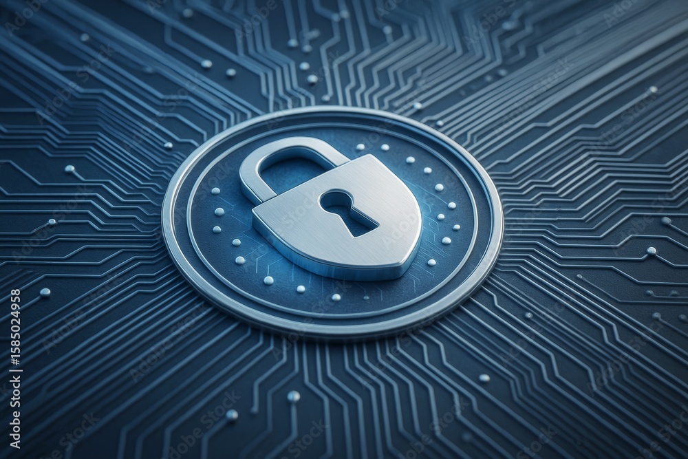 Poster cybersecurity concept with metallic padlock symbol on digital circuit board background, representing