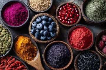 Fototapeta premium A vibrant assortment of superfoods laid out on a table, showcasing nutrient-dense options for maintaining a healthy, energetic lifestyle.