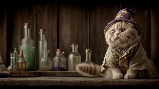 A fluffy cat dressed as a wizard sits beside glass potion bottles on a rustic wooden table.