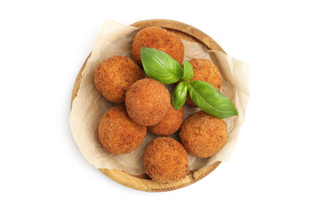Delicious fried croquette balls and basil isolated on white, top view
