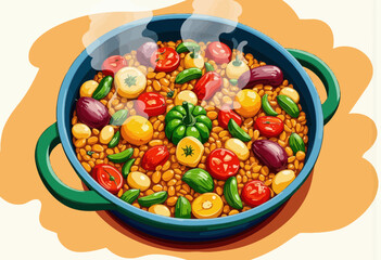 Colorful vegetable stew with beans steaming in blue pot  