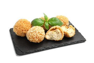 Delicious fried croquette balls with basil isolated on white