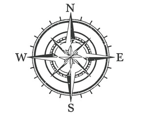 Detailed Black and White Compass Rose with Cardinal Directions Illustration