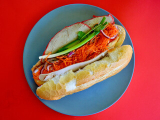 A Vietnamese style roll with salad on a plate. 
