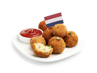 Delicious fried croquette balls with parsley, ketchup and small flag of Netherlands isolated on white