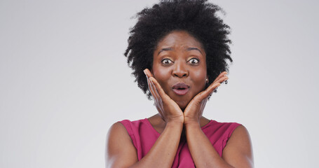 Portrait, shocked and black woman in studio, wow and announcement on white background. African...