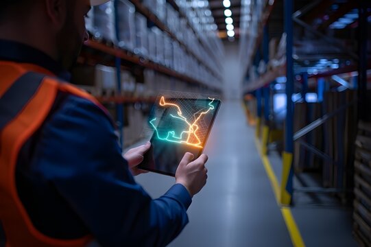 Warehouse Worker Using Tablet with Holographic Logistics Map Overlay:  Modern Technology, Efficient Inventory Management