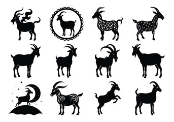 A Vector Silhouette Set of Decorative Goats in Various Artistic Styles on white background 


