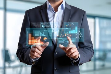 Businessman Interacting with Futuristic Holographic Financial Data Charts and Graphs