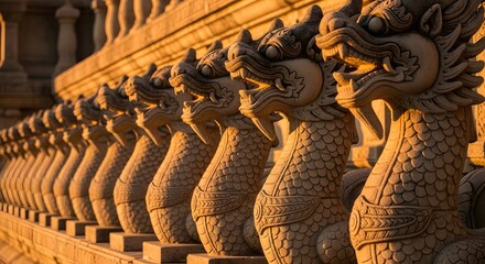 Fototapeta premium Golden Dragon Sculptures Aligned in Temple