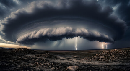 A massive dramatic supercell thunderstorm with lightning hovers over a dry cracked landscape