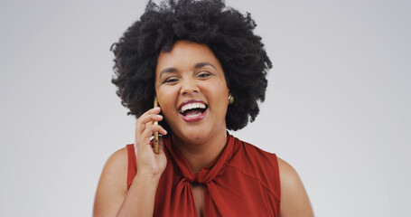 Happy, black woman and laughing with phone call for humor or chat on a white studio background....