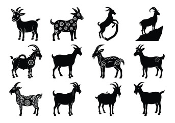 Silhouette Set of Decorative Goats in Various Vector Styles and Poses on white background 