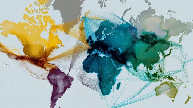 Colorful world map with a blue line running through it, representing the equator. color-coded map showing oil export growth by developing region,emerging oil markets