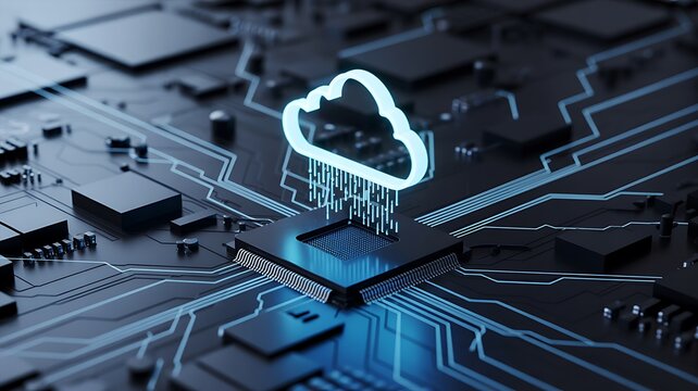 Cloud computing concept with glowing cloud symbol over a computer processor and circuit board - Powered by Adobe