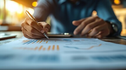 Business data analysis, finance, and investment concept: Businessman using digital tools to analyze financial market data, graph growth chart. Corporate finance and strategic plan,