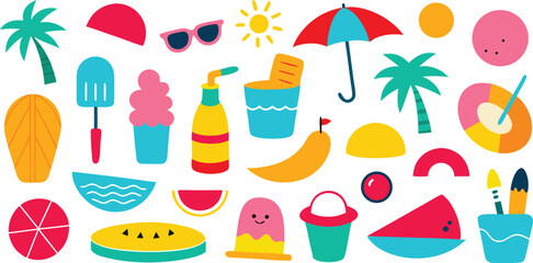 Vector art of vibrant summer icons featuring beach elements like palm trees, sunglasses, and refreshing treats isolated on transparent background.