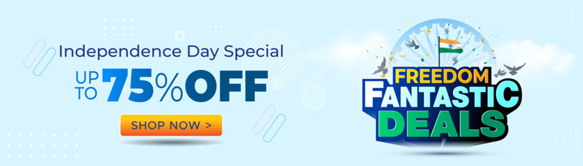 Happy India independence day. 75% off special freedom fantastic Sale, offer, deal, discount logo, design on tricolor background.  © New creative ideas