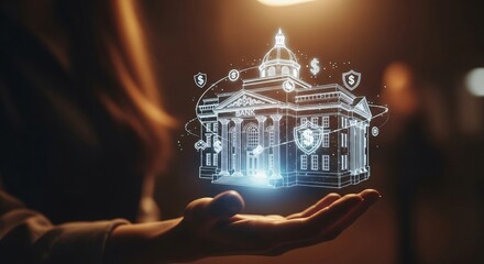 A person holding a digital representation of a bank with dollar signs and security shields around it